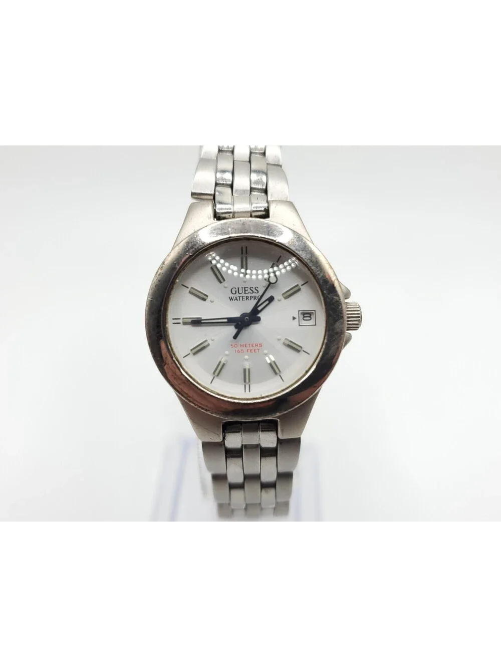 Guess Waterpro Quartz Watch Womens New Battery Silver Tone White Date Dial 25mm